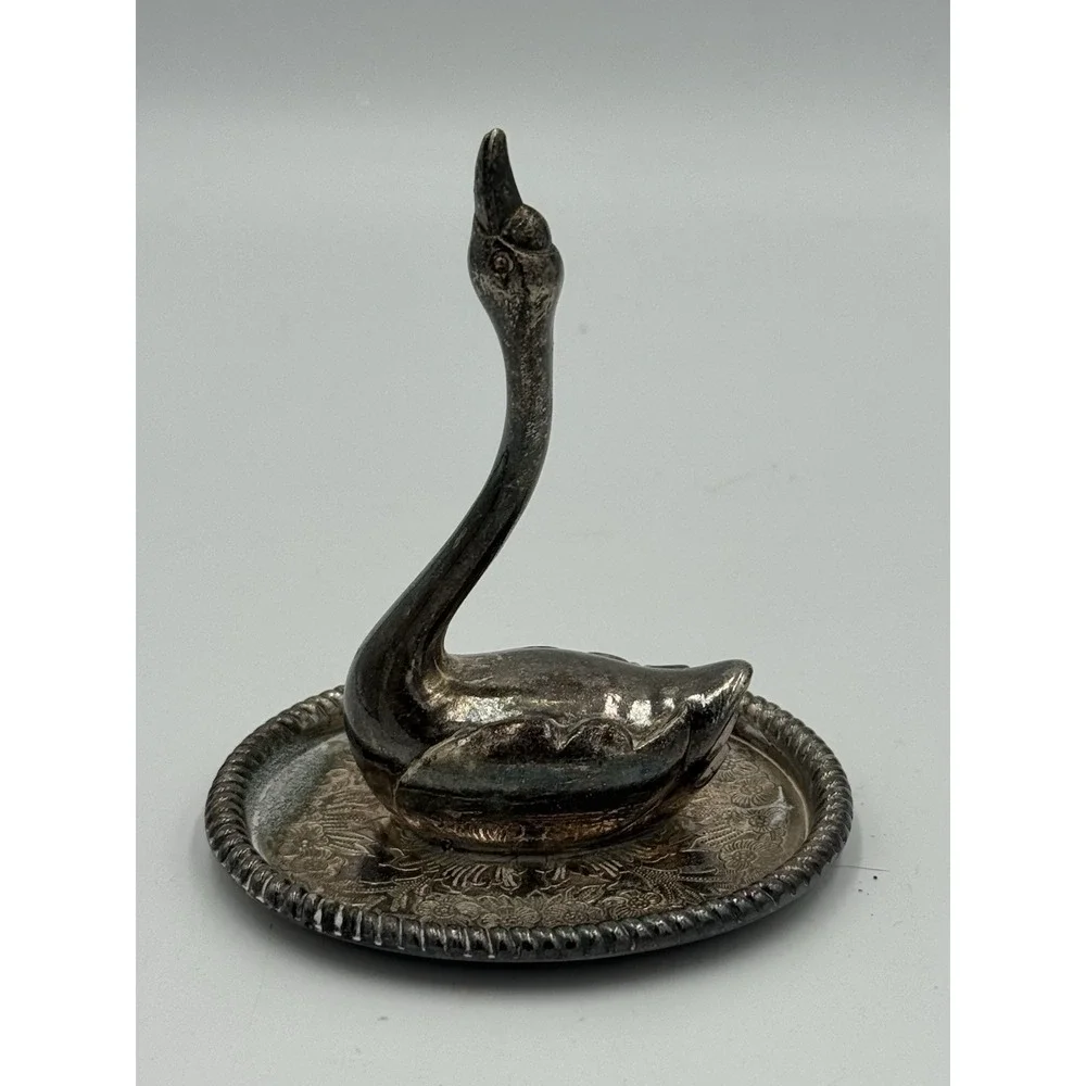 Vintage Silver Plate Ornate Swan Ring Holder Beaded Saucer Hong Kong 3.75